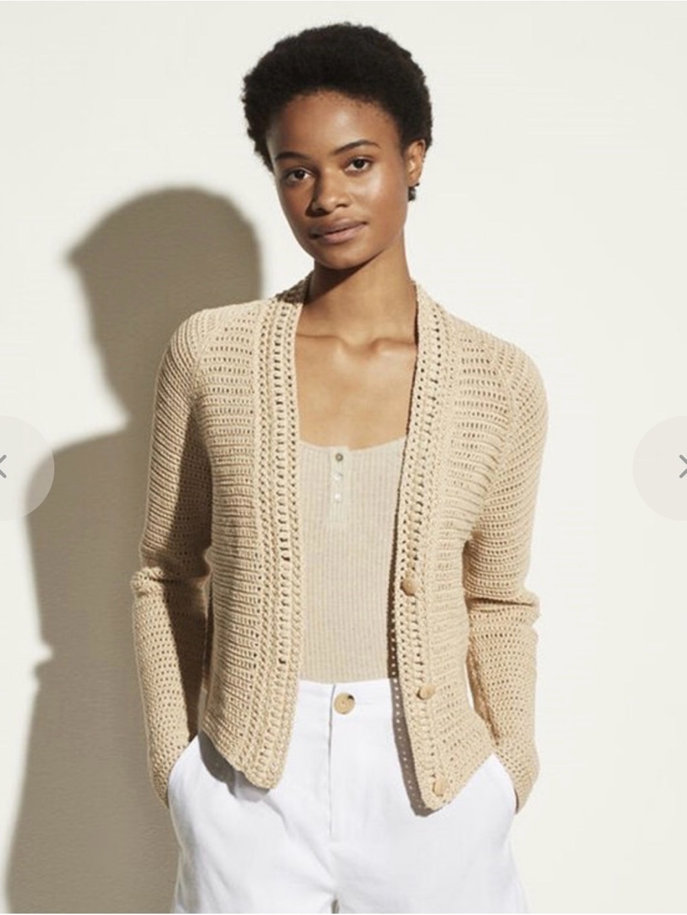 Vince 100% Cotton Open Knit Cardigan Beige Oatmeal Cropped Button Front Size L